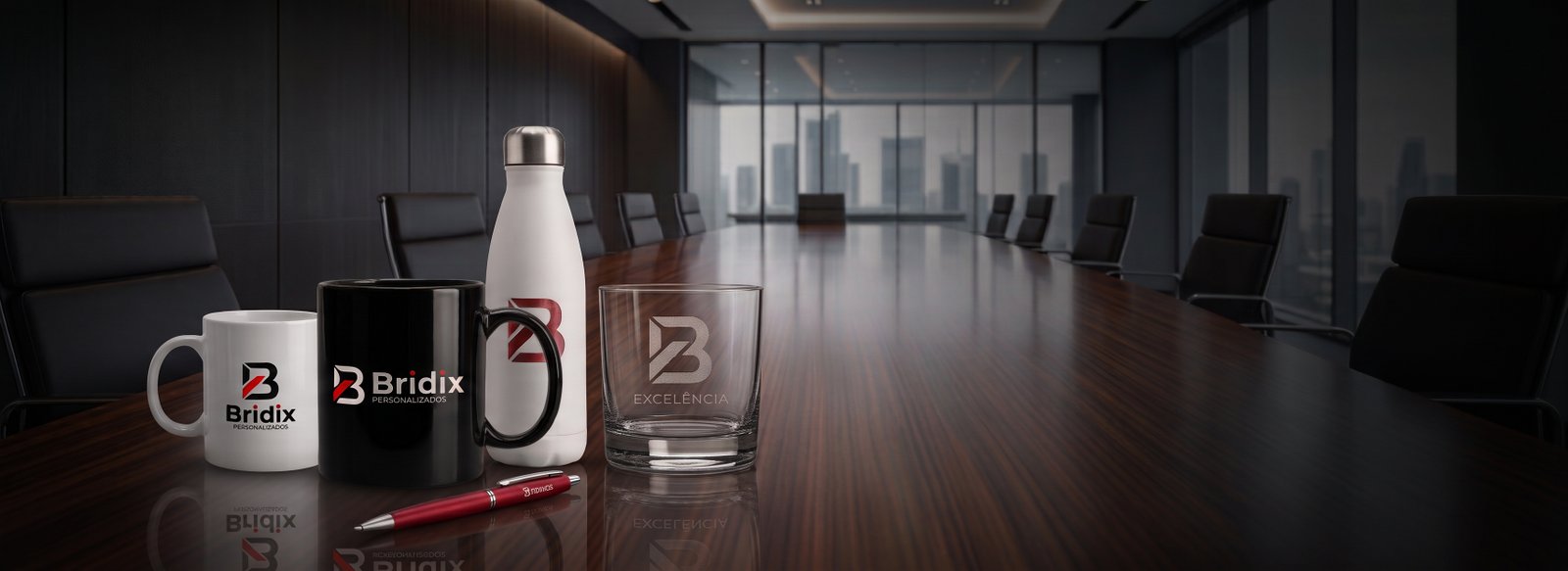 Produtos Bridix personalizados sobre uma mesa de reunião corporativa